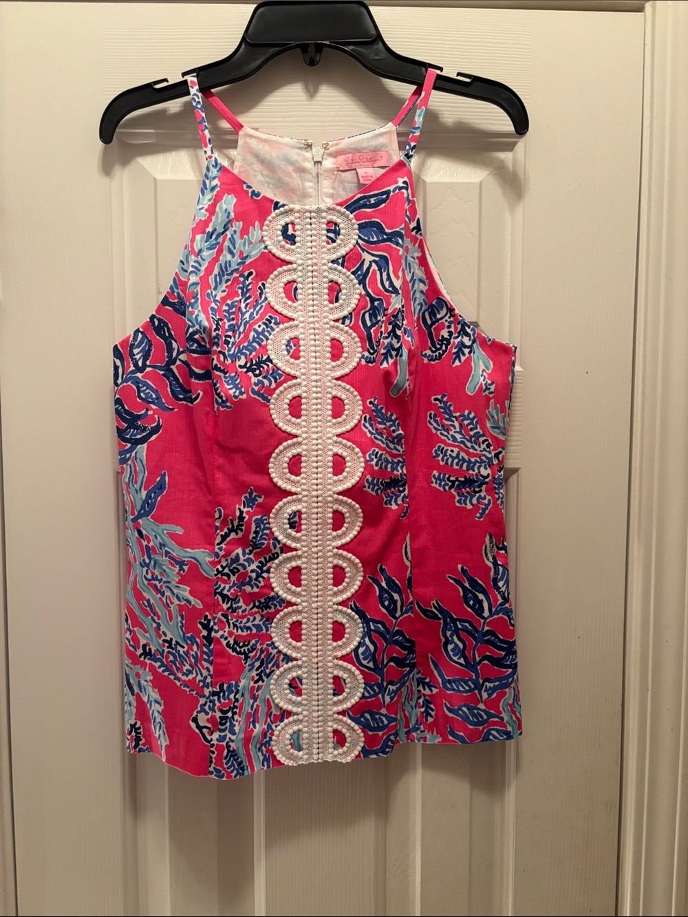 NWOT Lilly Pulitzer Pink Halter with Blue Aqua Print & White Trim